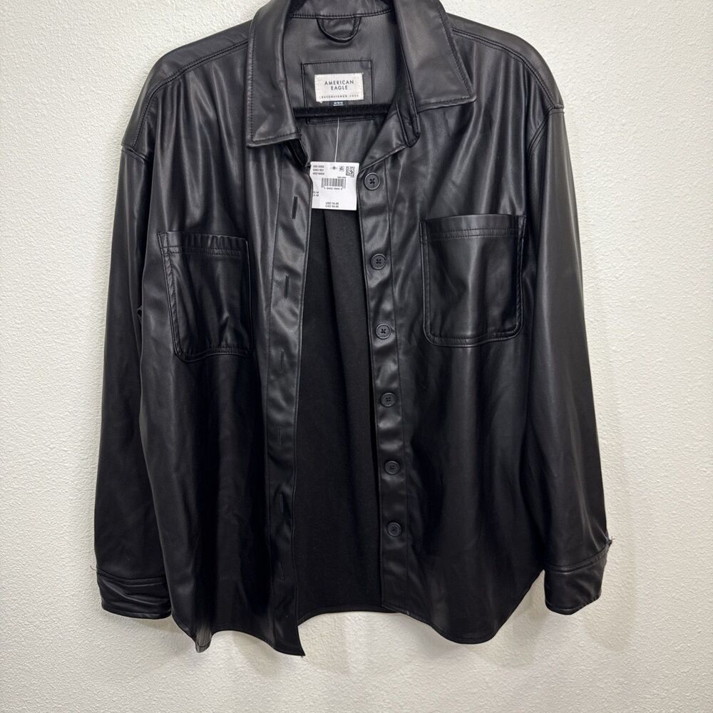 American Eagle Oversized Vegan Leather Shacket Black Long Sleeve Size Medium